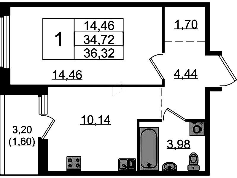 1-комнатная квартира 36.32 м², 12/15 эт., ЖК «GloraX Парголово»